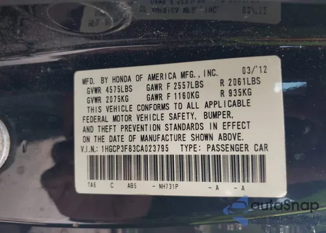 2012 Honda Accord 3.5 Ex-L from USA, damaged, VIN 1HGCP3F83CA023795